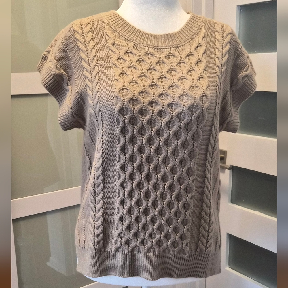 Cable Knit Short Sleeve Sweater Top - Beige